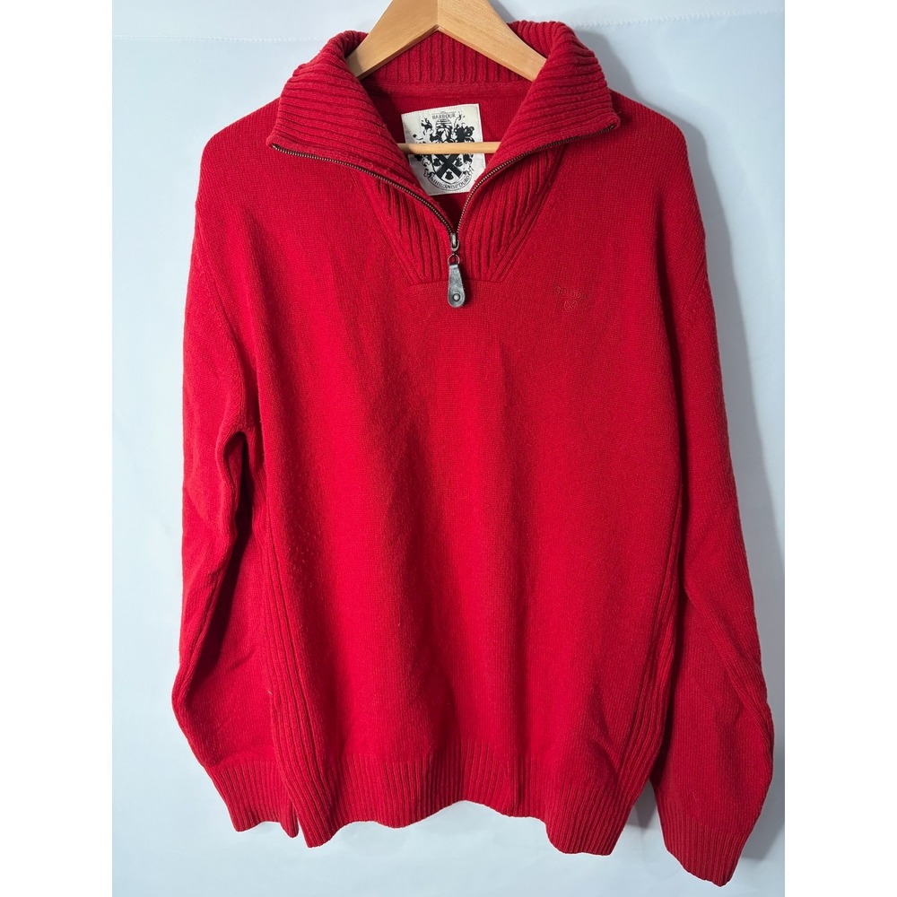 Barbour Mens Chunky 1/4 Zip Wool Sweater Size M Rich Red Pullover Old Money